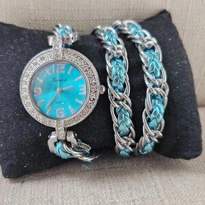 Geneva Fashion Women Wristwatch Wrap Strap Turquoise/Silver Analog Wrist Watch